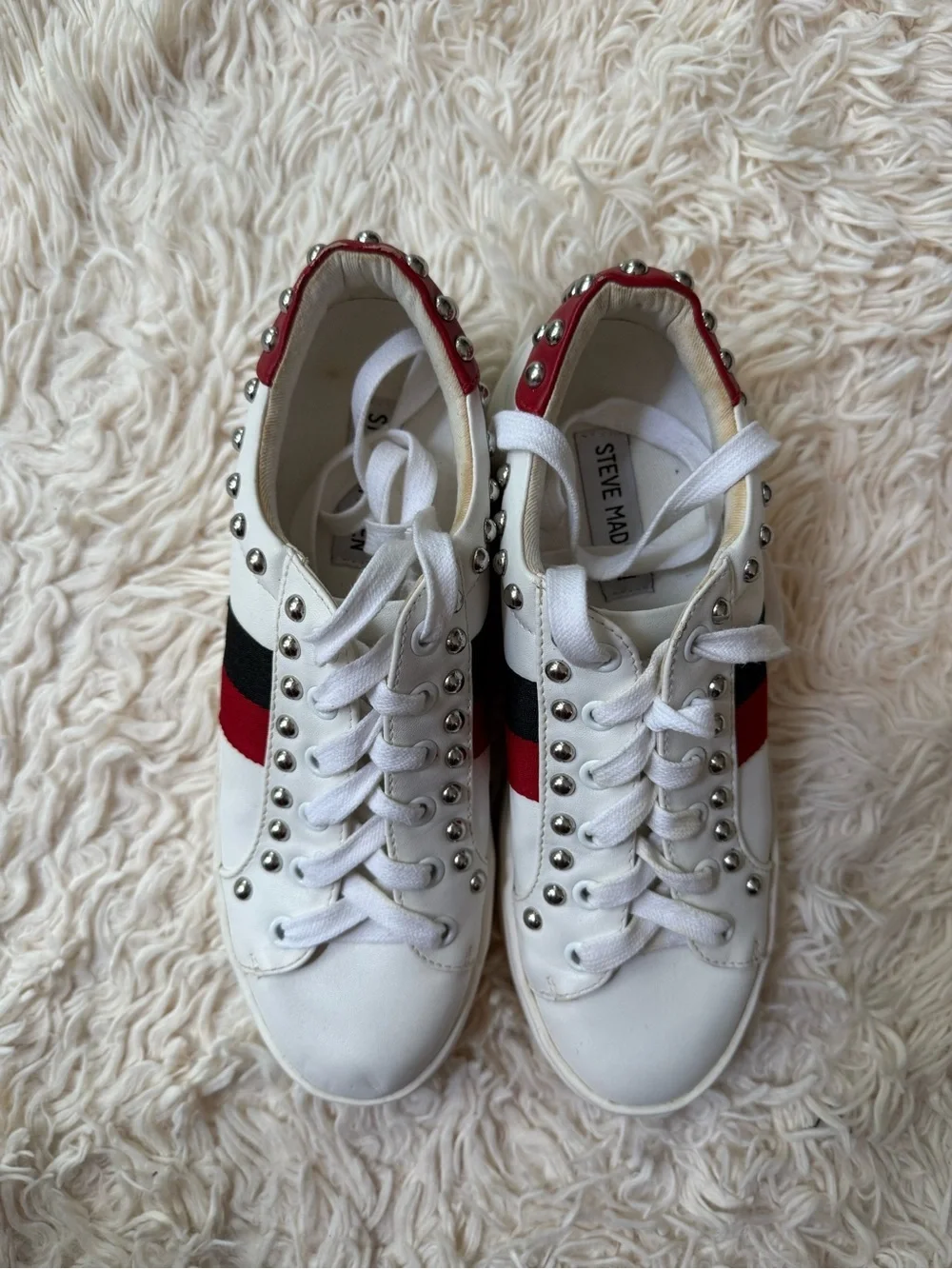 Steve Madden Belle Platform Studded Sneakers White Red Stripe Women Size 6M